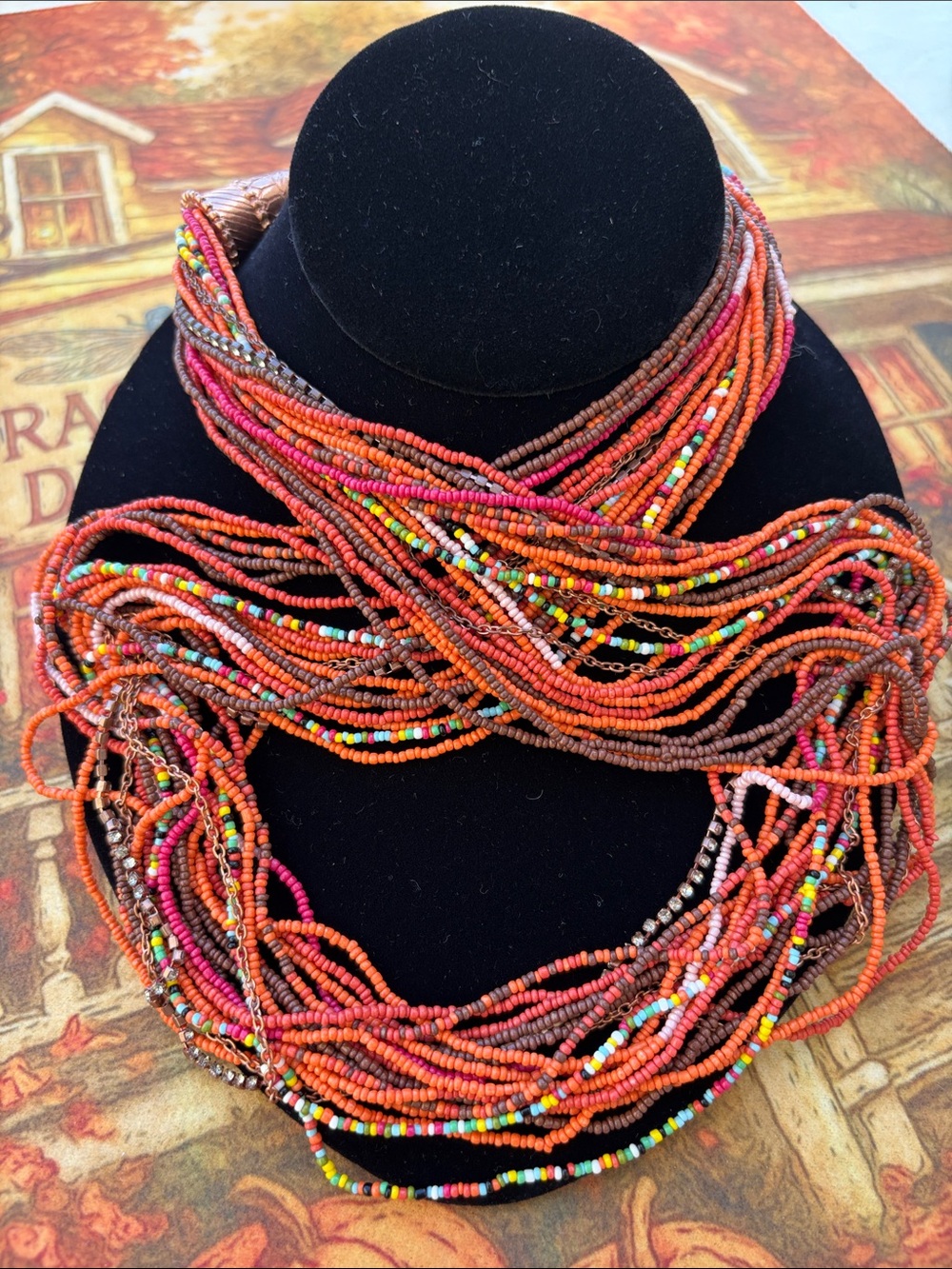 Chico's Multistrand Beaded Necklace in Orange and Pink Accents  FALL 🍁